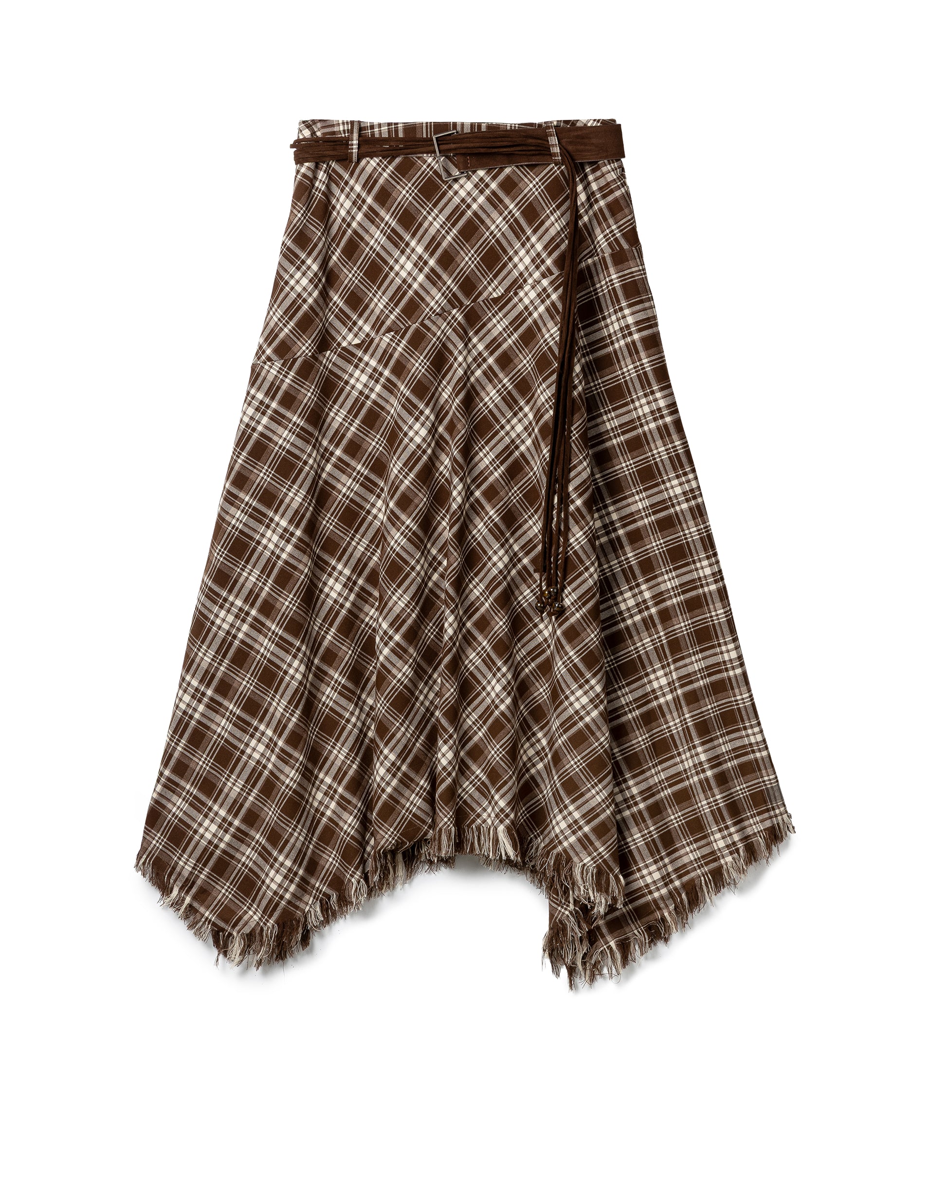 Asymmetric Fringed Plaid Skirt