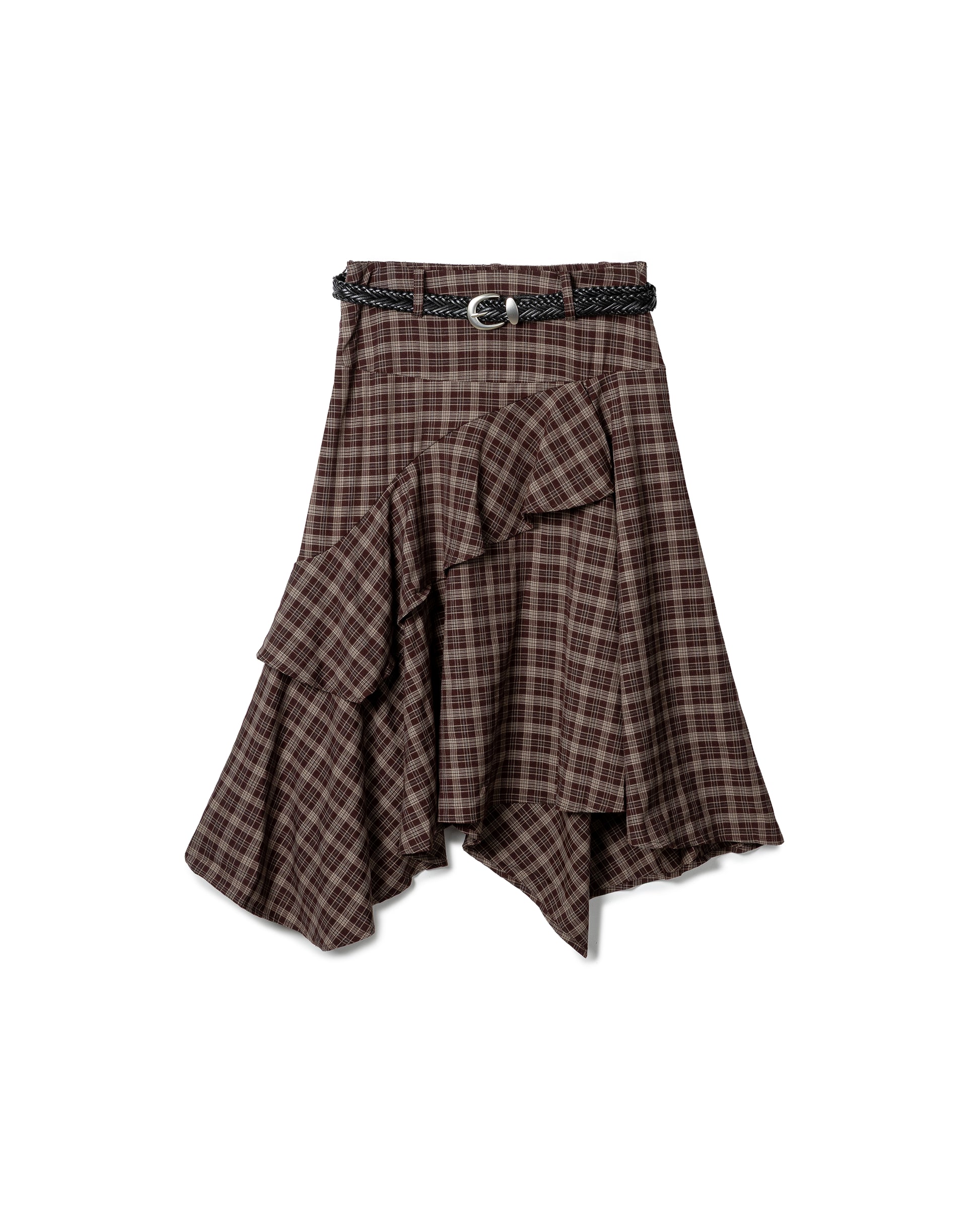 Asymmetric Ruffled Plaid Midi Skirt
