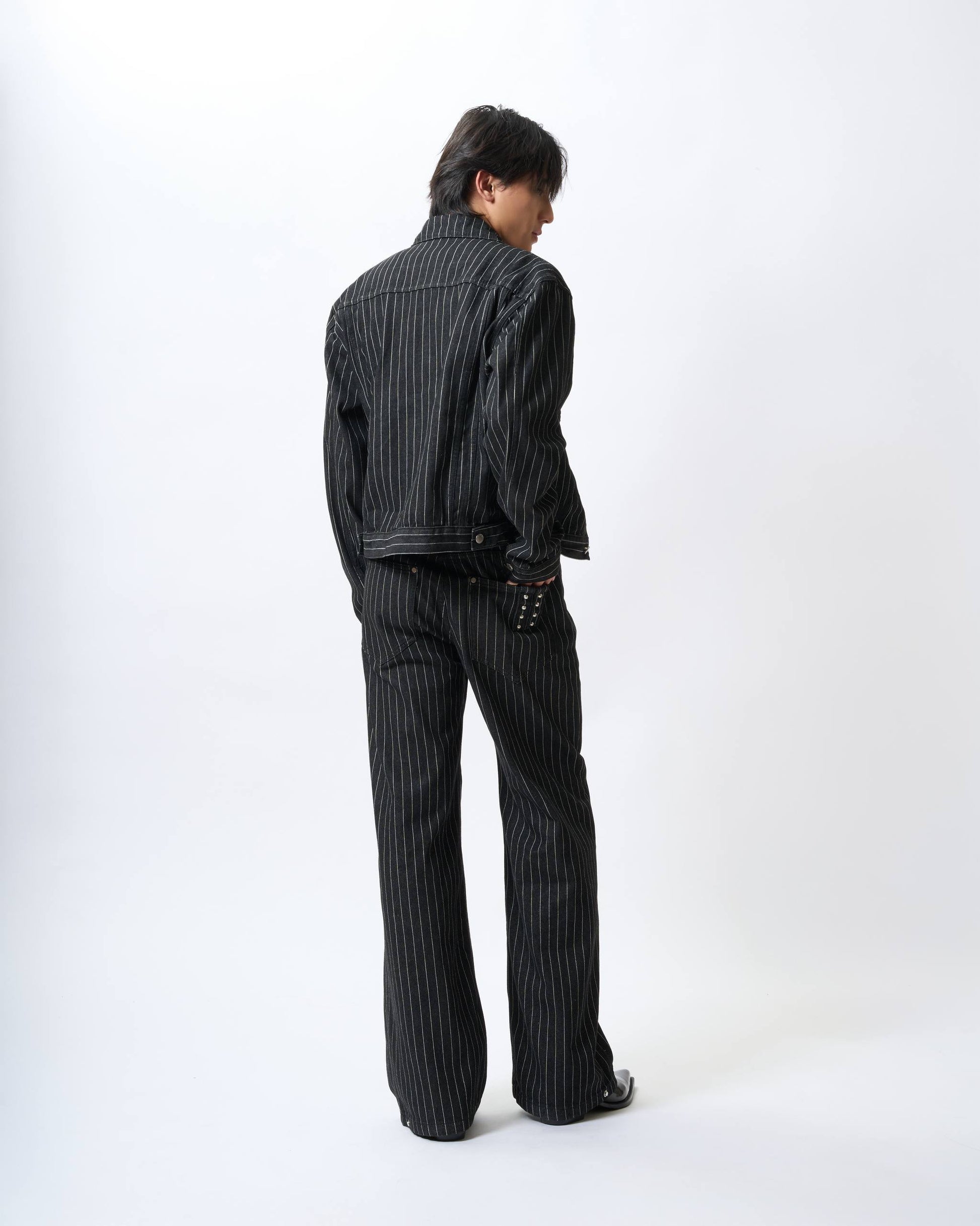 Structured Striped Denim Wide-Leg Pants
