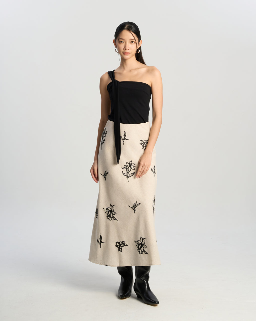 Embroidered Linen Midi Skirt