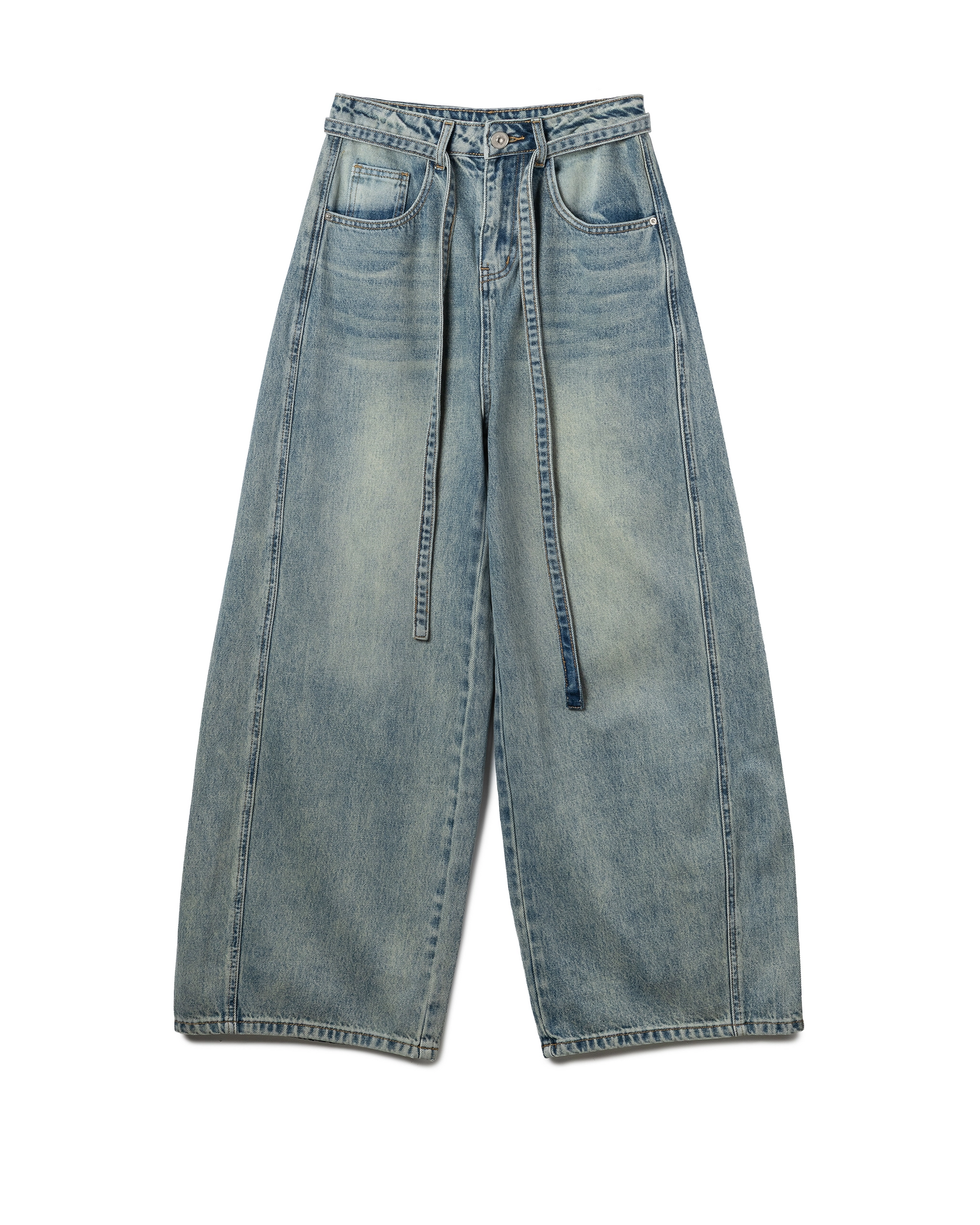 Self-Belted Wide Denim Pants