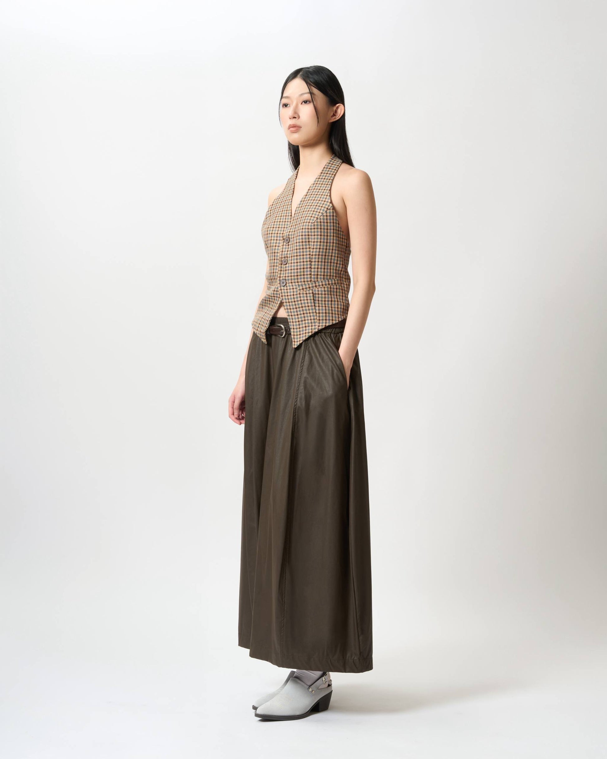 Elegantly Gathered Coated Maxi Skirt