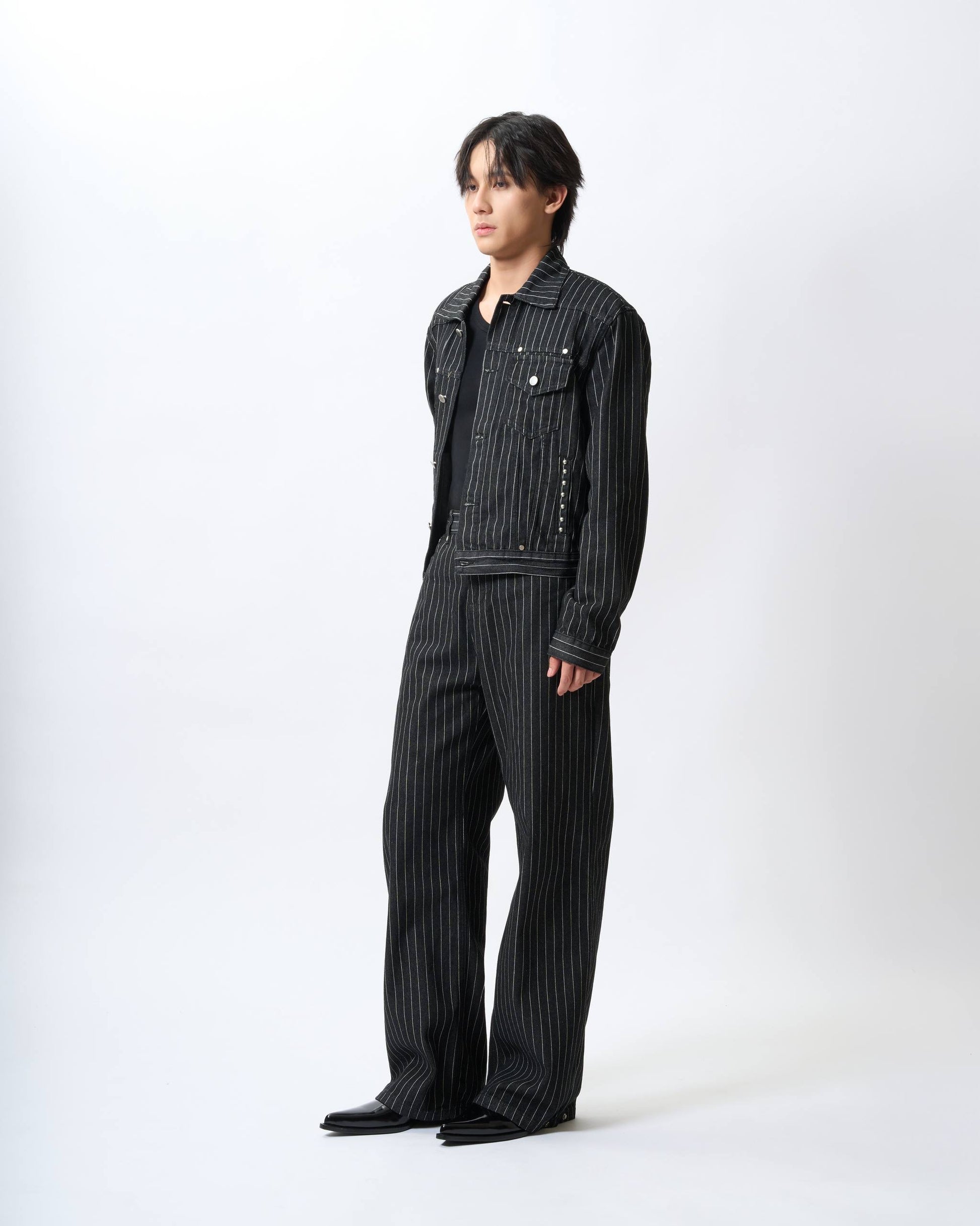 Structured Striped Denim Wide-Leg Pants