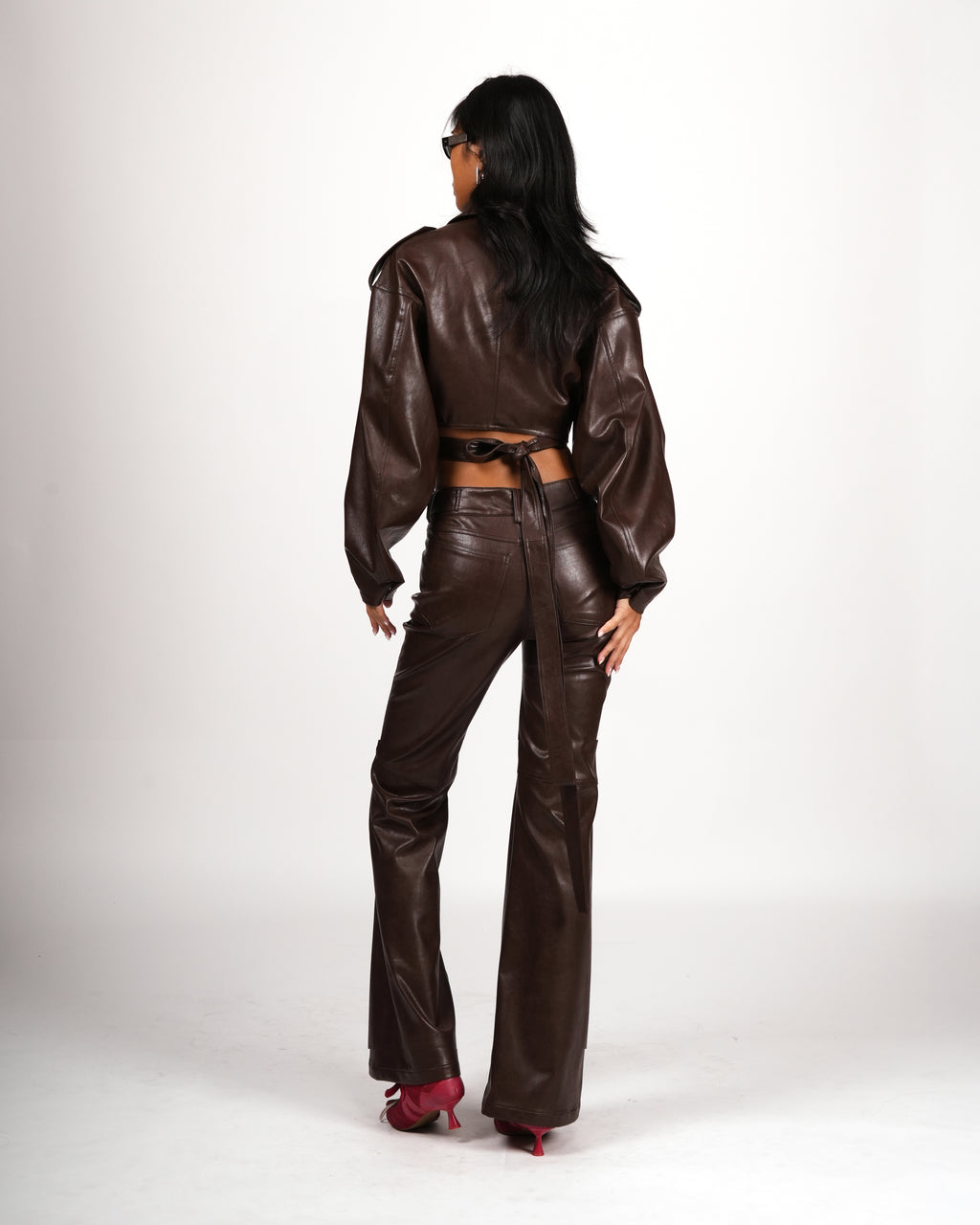 Cropped Faux Leather Belted Jacket
