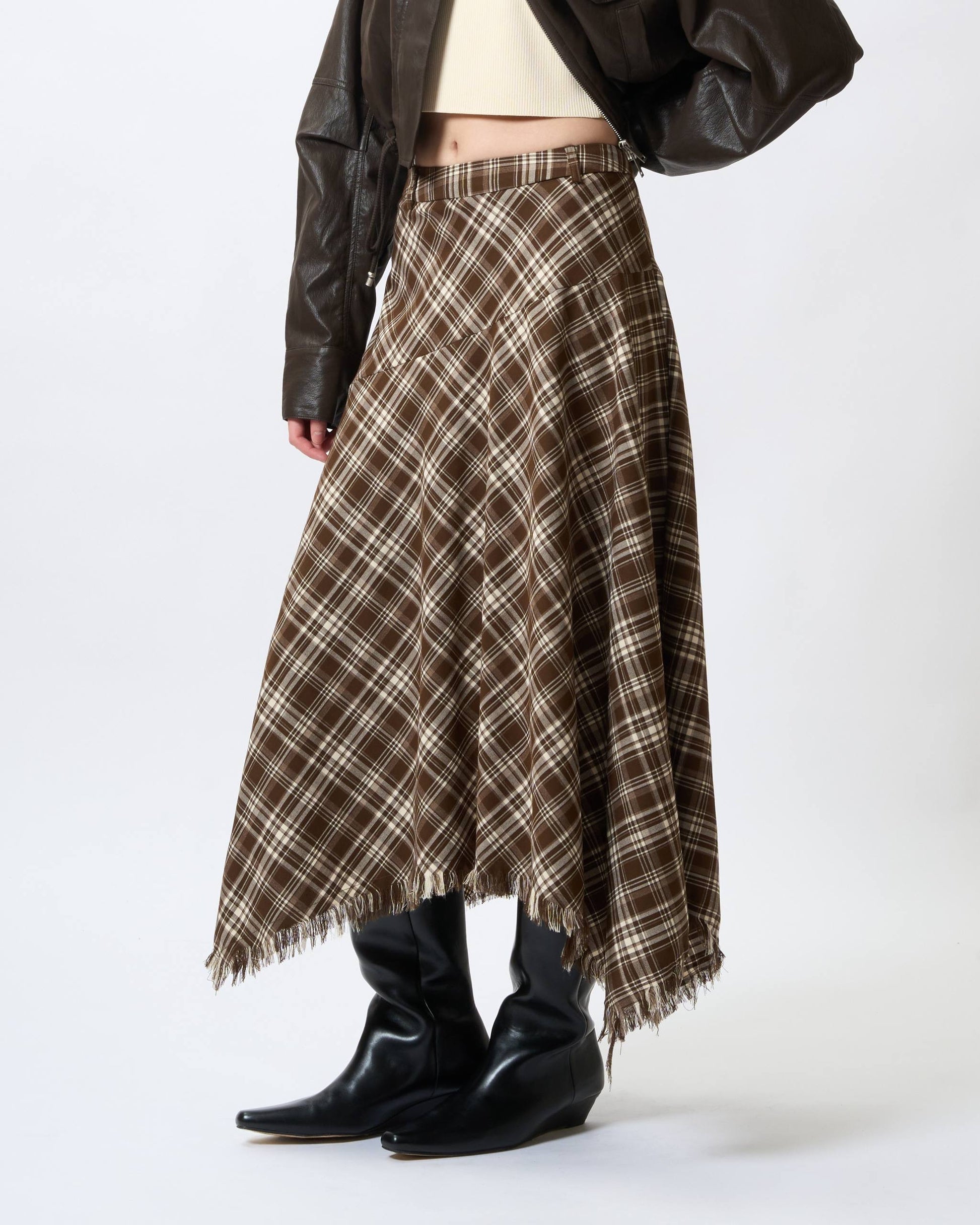 Asymmetric Fringed Plaid Skirt