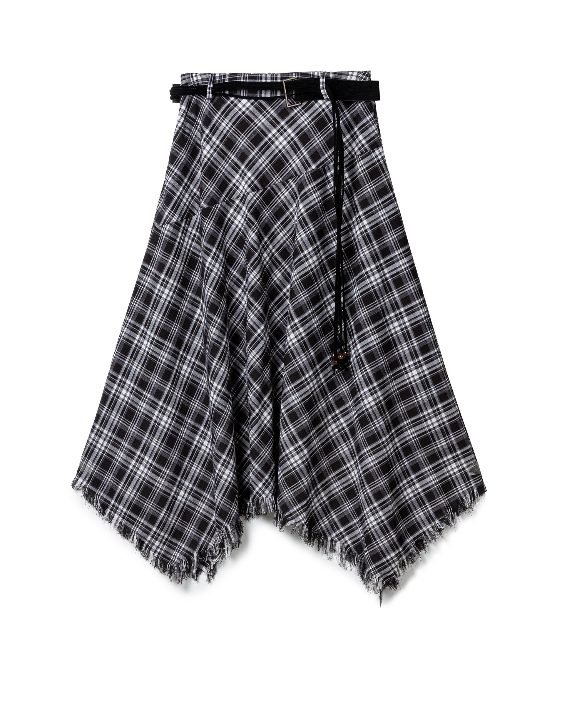 Asymmetric Fringed Plaid Skirt