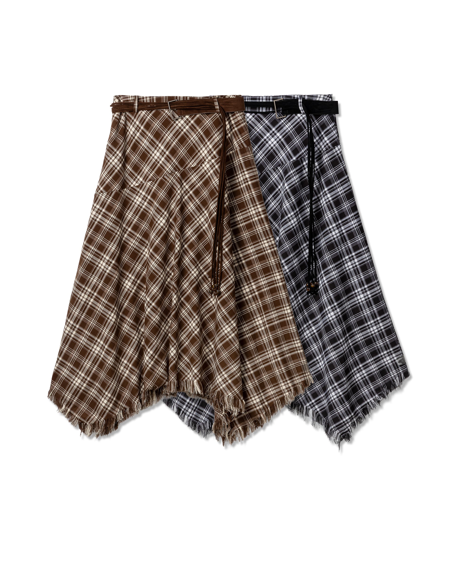 Asymmetric Fringed Plaid Skirt