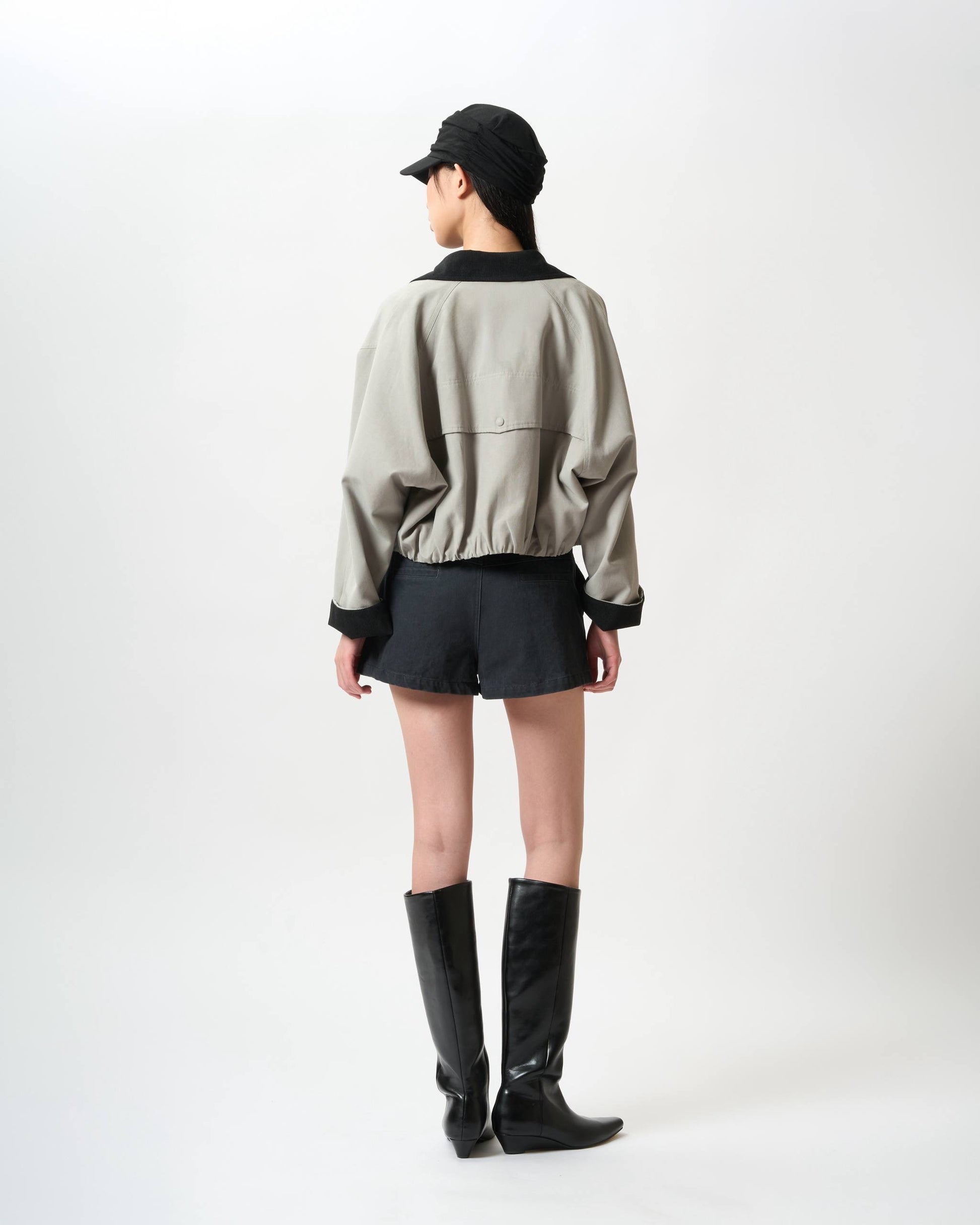 Contrast-Collar Cropped Blouson Jacket