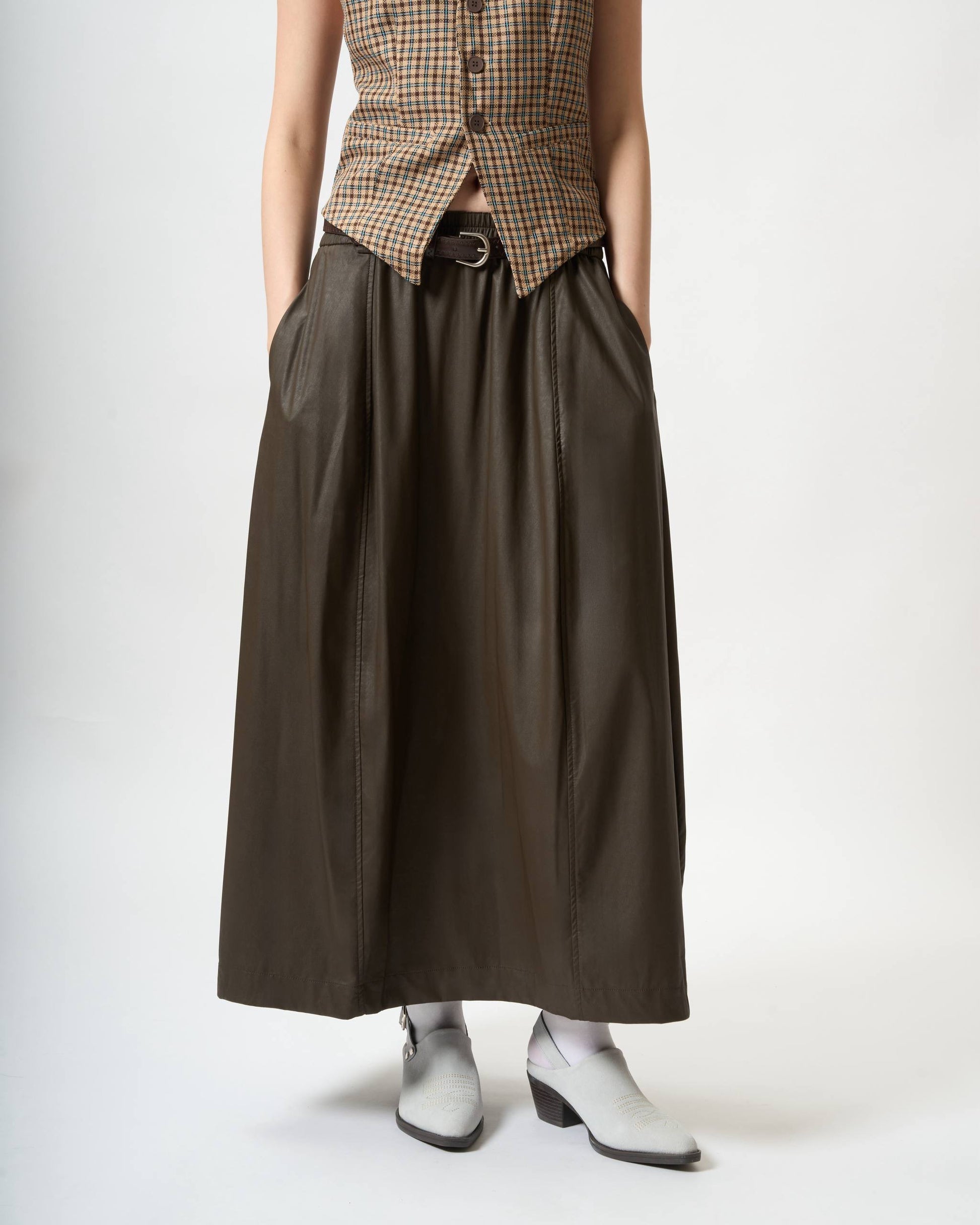 Elegantly Gathered Coated Maxi Skirt