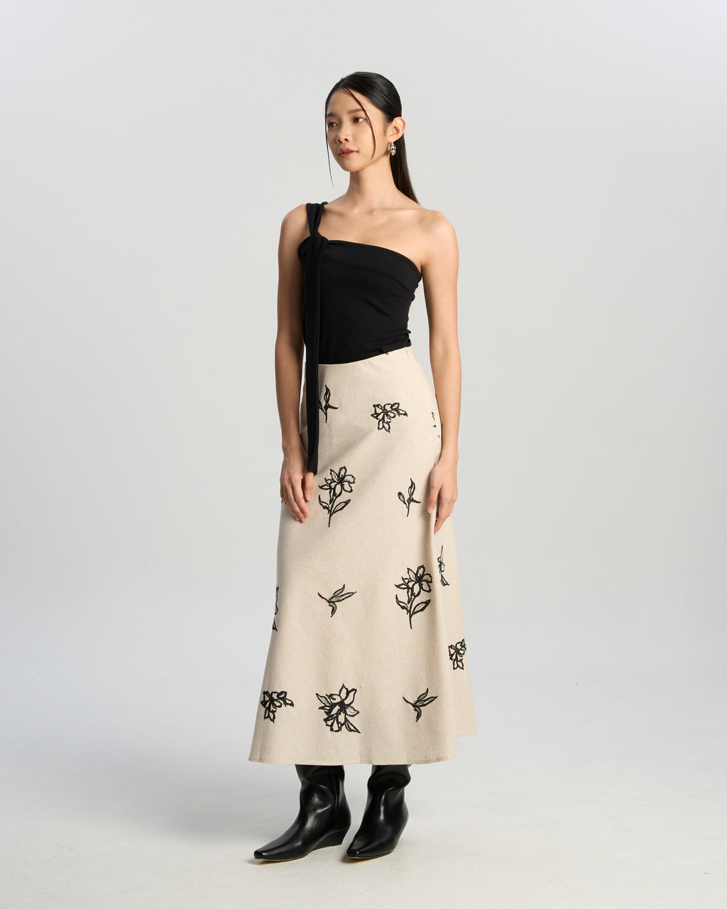 Embroidered Linen Midi Skirt