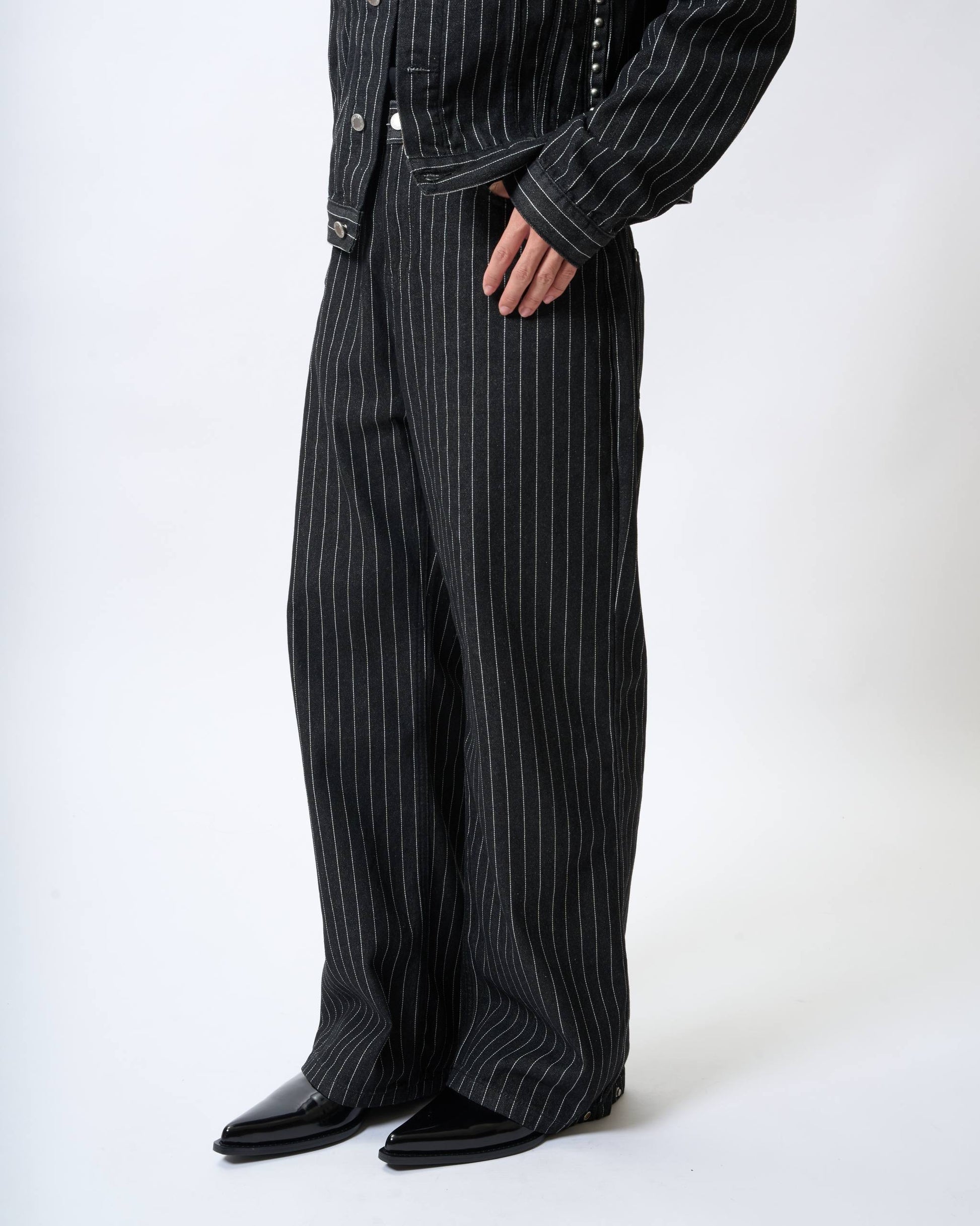 Structured Striped Denim Wide-Leg Pants