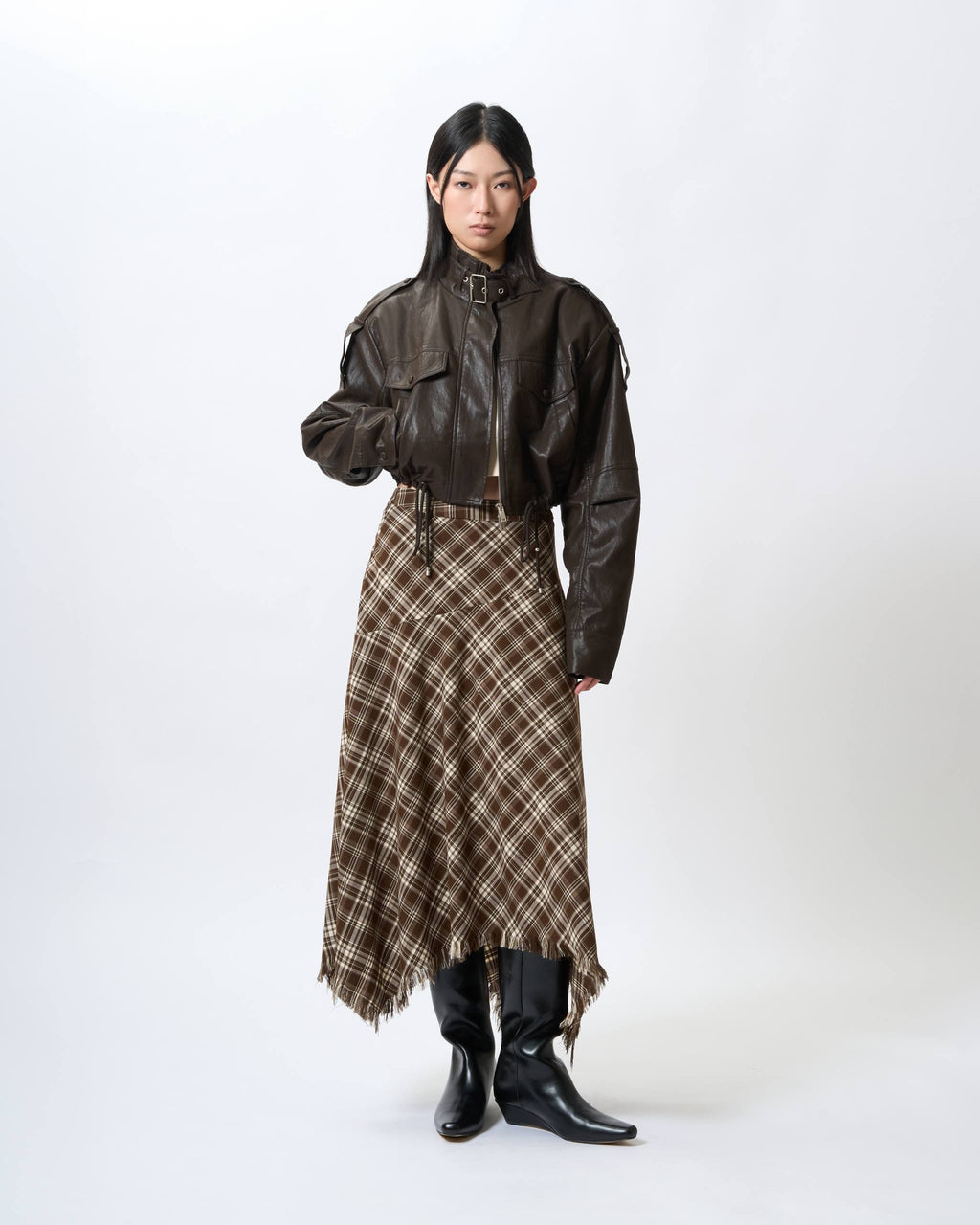 Asymmetric Fringed Plaid Skirt