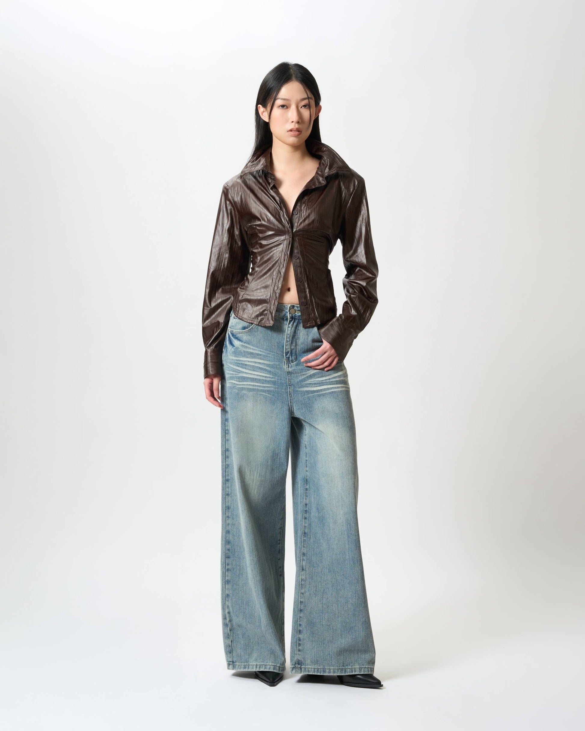 Ruched Patent-Finish Leather Shirt