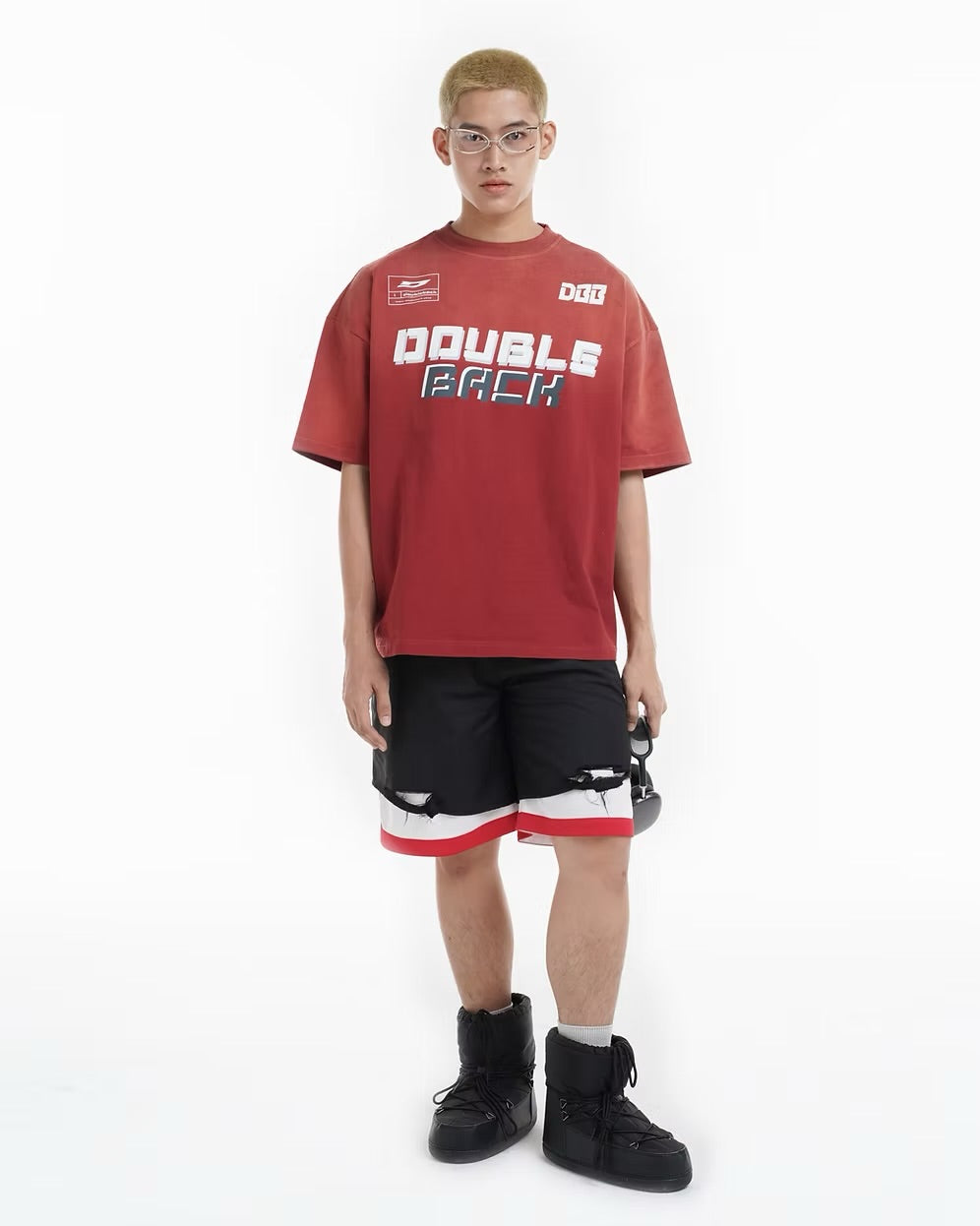 DOUBLE BACK Washed Sport Logo Oversized T-Shirt