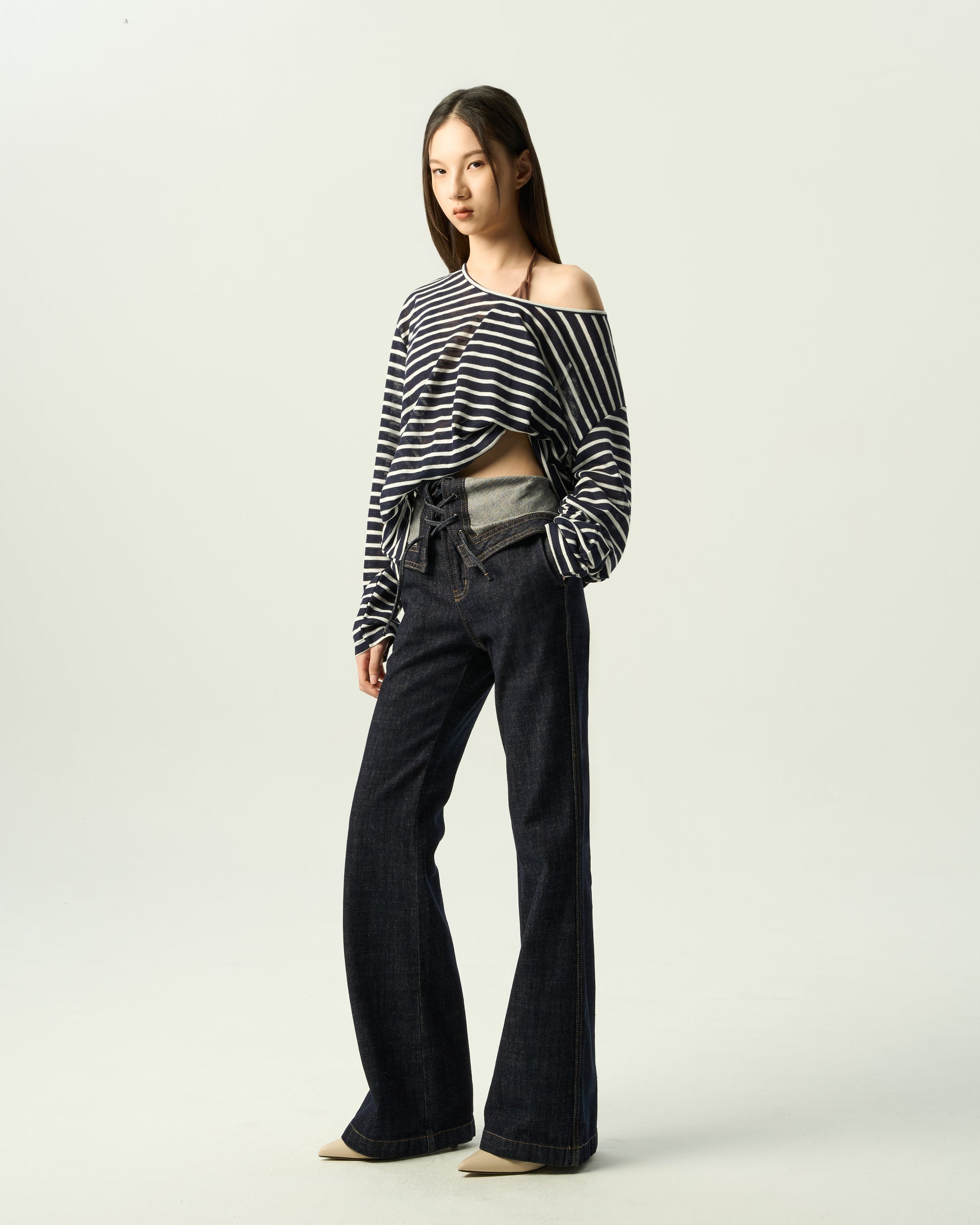 Structured Fold-Over Flare Jeans