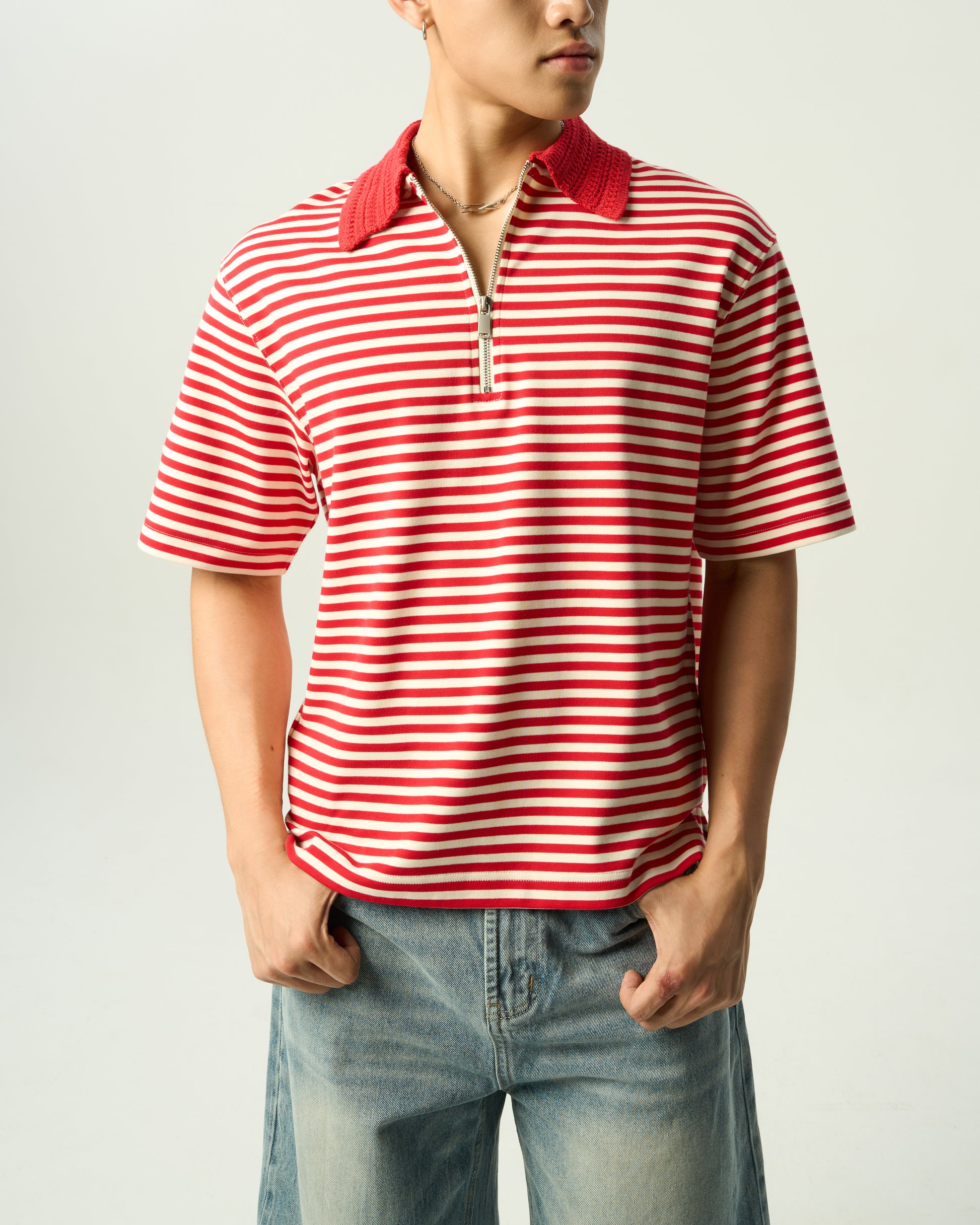 Retro Crochet-Collar Striped Polo