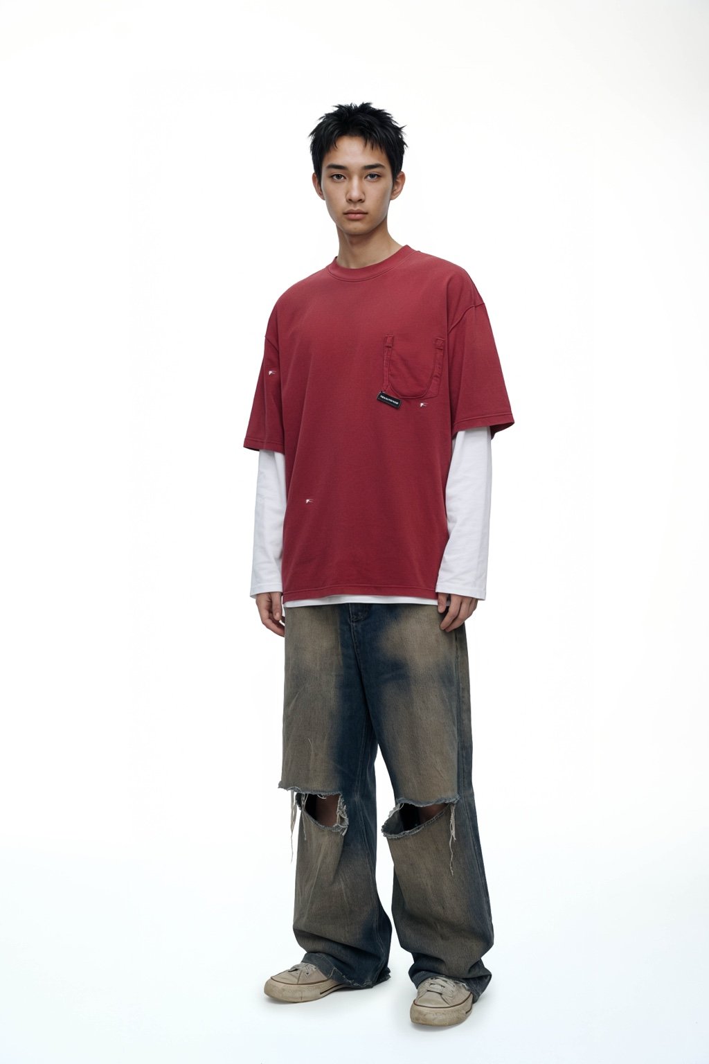 DOUBLE BACK Ripped Pocket T-Shirt Oversized