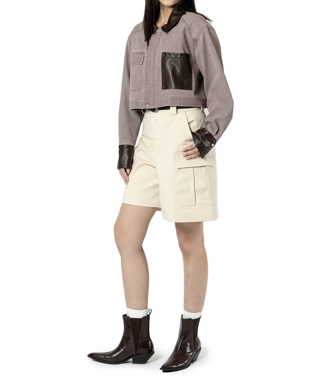 Contrast Panel Denim Cropped Jacket