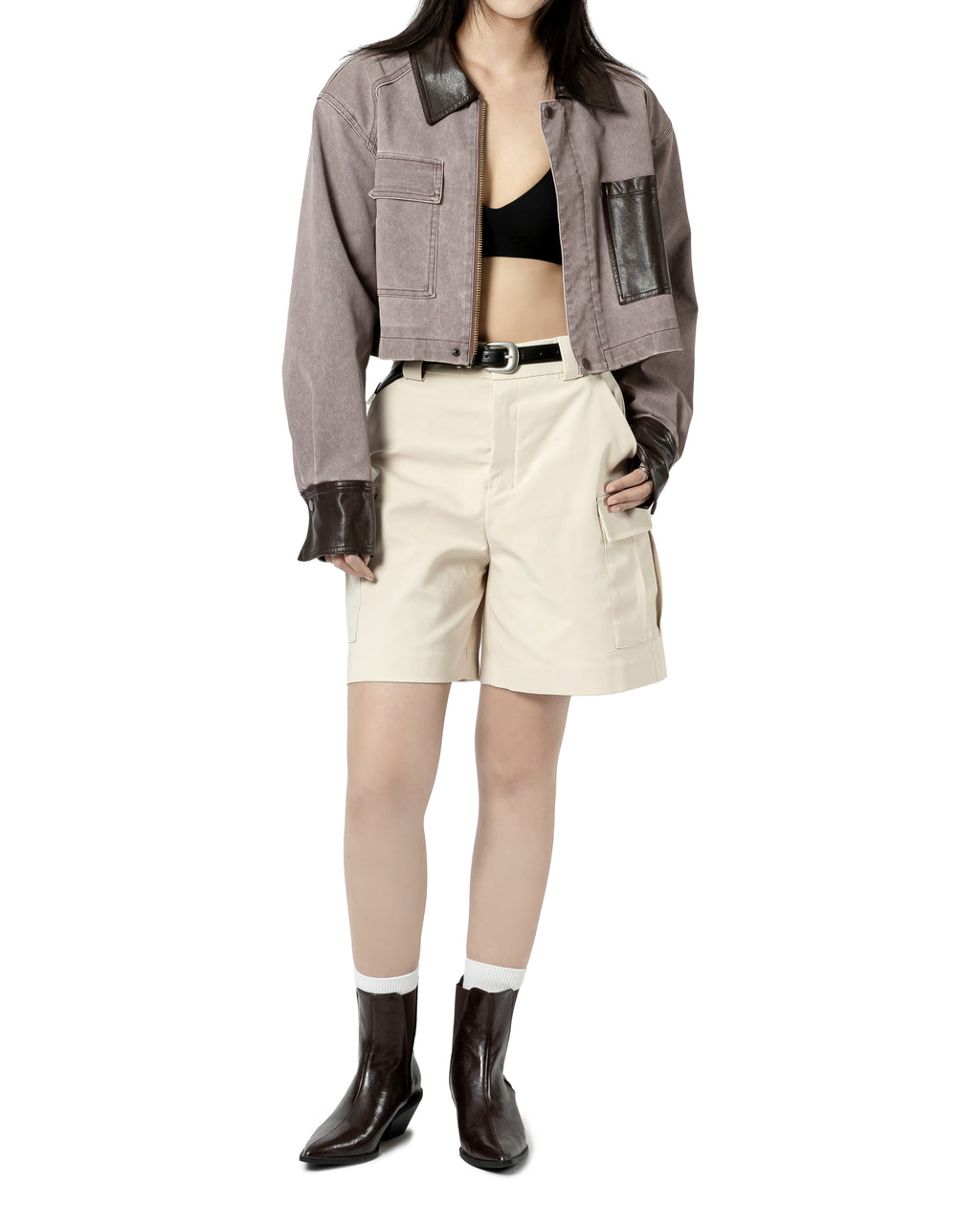 Contrast Panel Denim Cropped Jacket