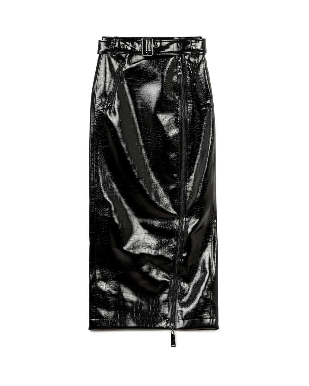 Faux Croc Belted Leather Skirt