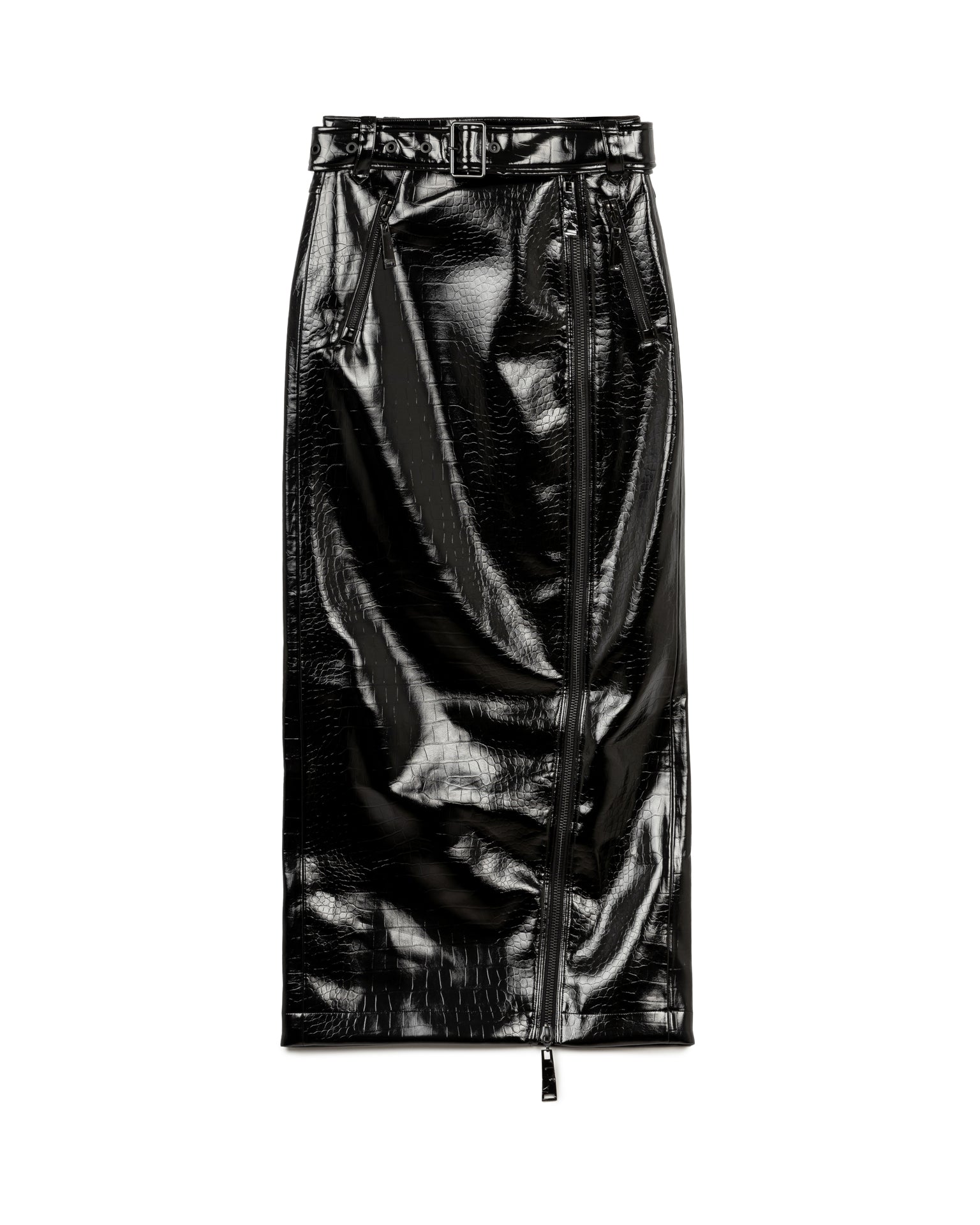 Faux Croc Belted Leather Skirt